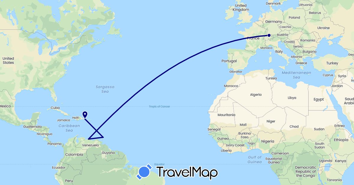 TravelMap itinerary: driving in Switzerland, Dominican Republic, Trinidad and Tobago, Venezuela (Europe, North America, South America)